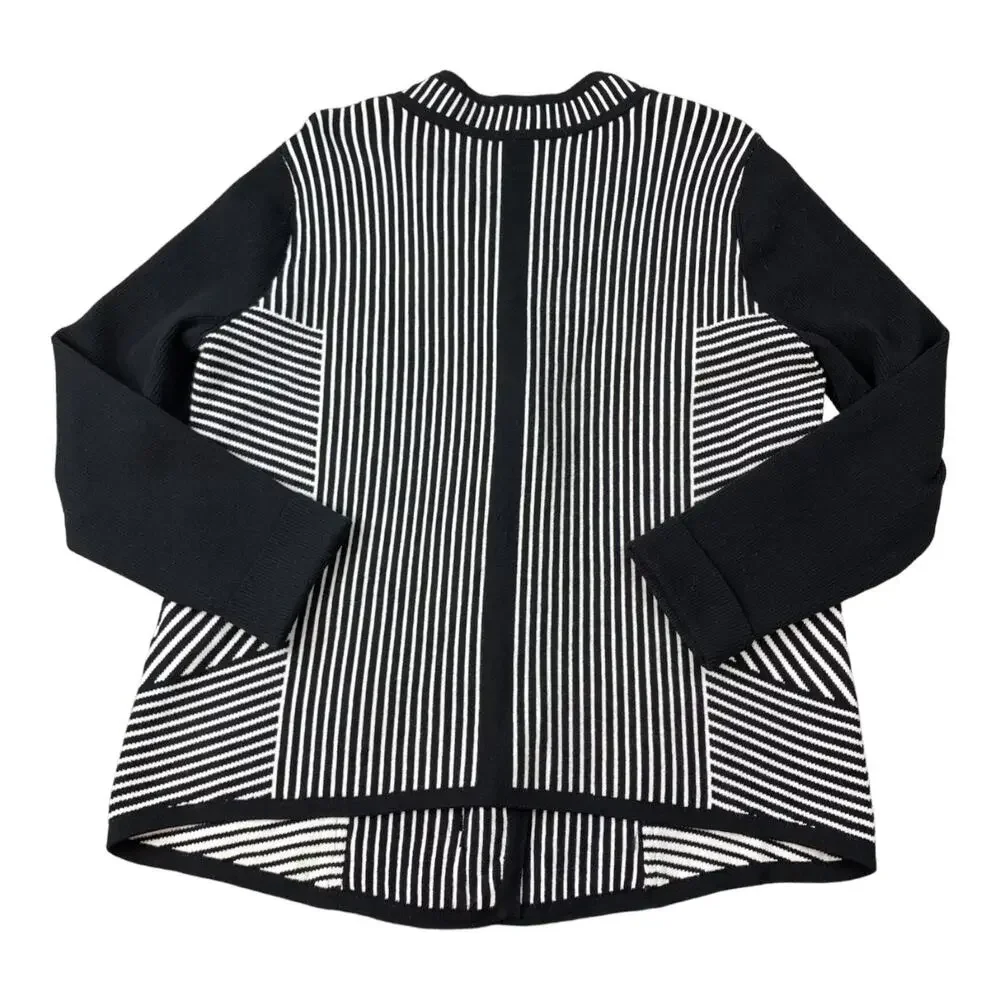Chico's Natania Black/White Stripe asymmetrical Zip Up Cardigan Sweater size 12
